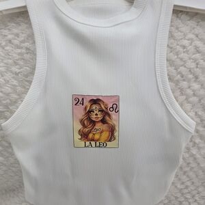 White Ribbed Tank Top with Leo Zodiac Graphic